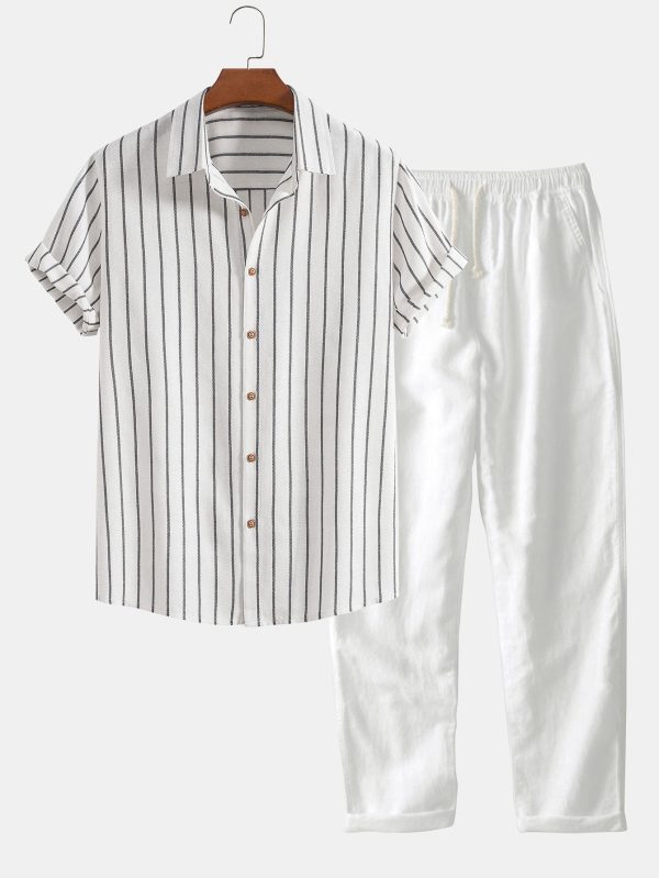 Cotton Blend Striped Button Up Shirt & Straight Leg Linen Pants - Image 2