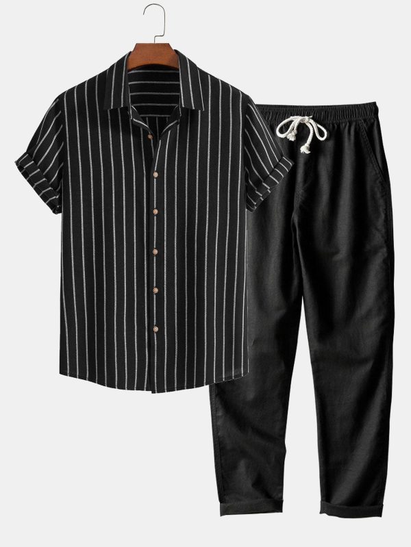 Cotton Blend Striped Button Up Shirt & Straight Leg Linen Pants - Image 3