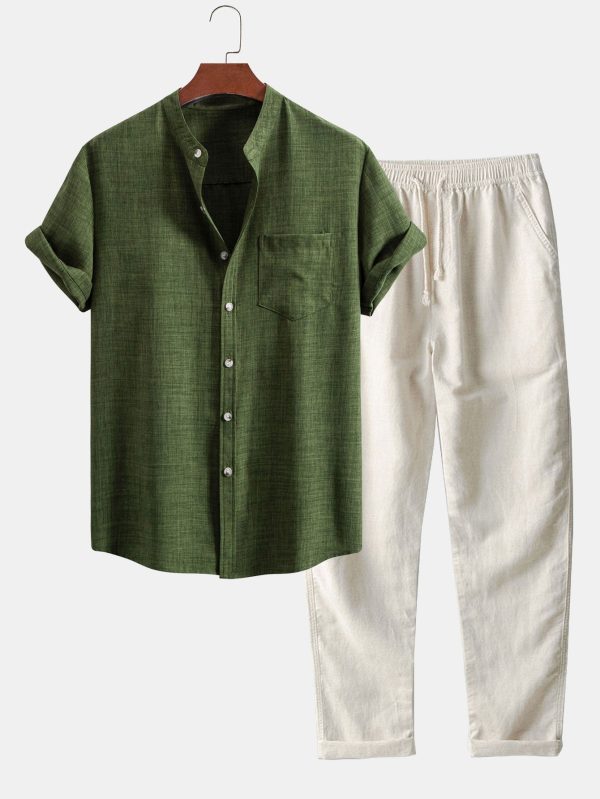 Short Sleeve Stand Collar Shirt & Straight Leg Linen Pants - Image 2