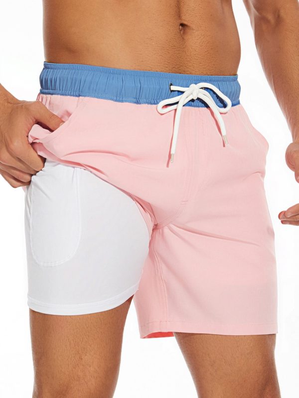 2 In 1 Solid Color Drawstring Swim Shorts With Pocket