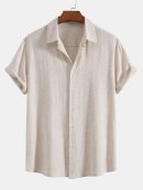 Linen Rayon Blend Button Up Shirt & Wrinkle Textured Straight Leg Pants