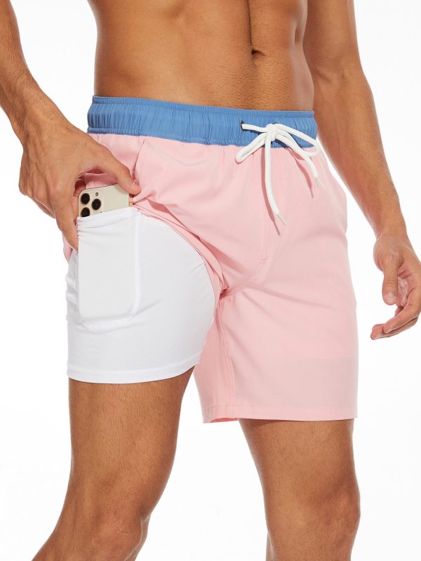 2 In 1 Solid Color Drawstring Swim Shorts With Pocket - Image 4