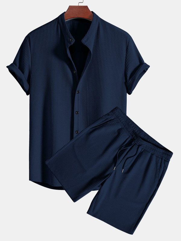 Muscle Fit Ribbed Stand Collar Shirt & Shorts - Image 5