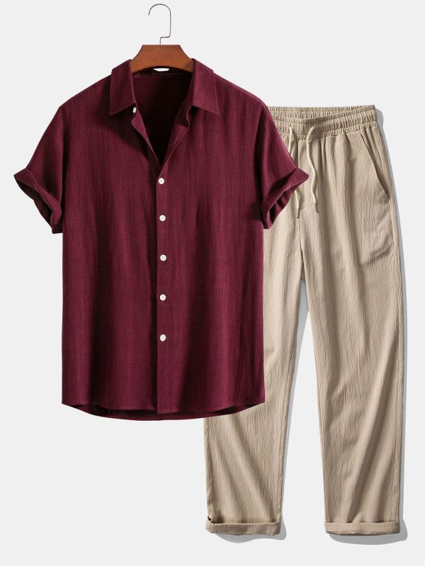 Linen Rayon Blend Button Up Shirt & Wrinkle Textured Straight Leg Pants - Image 4