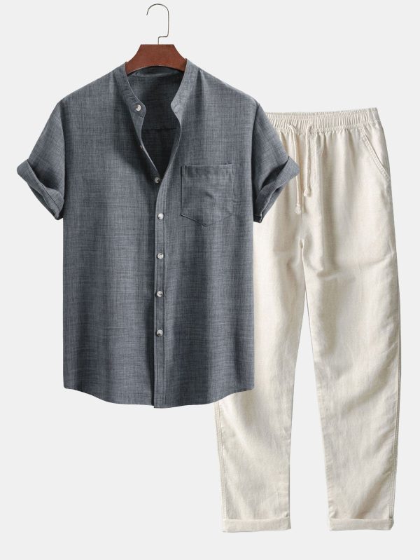 Short Sleeve Stand Collar Shirt & Straight Leg Linen Pants - Image 4