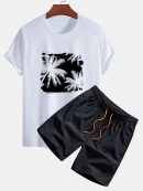 Regular Fit Palm Trees Silhouette Print Cotton T-Shirt & Swim Shorts