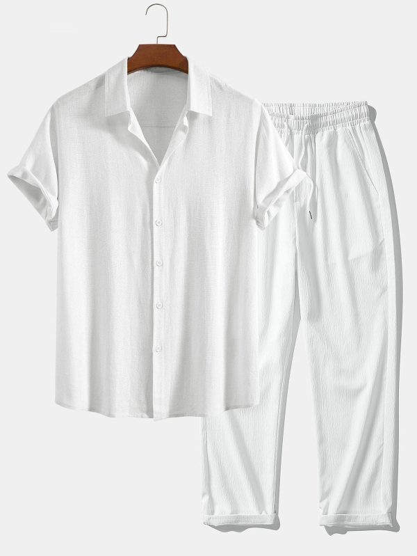 Linen Rayon Blend Button Up Shirt & Wrinkle Textured Straight Leg Pants - Image 5