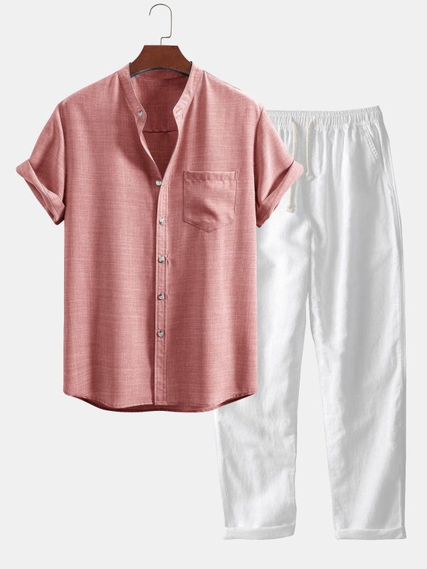 Short Sleeve Stand Collar Shirt & Straight Leg Linen Pants - Image 5