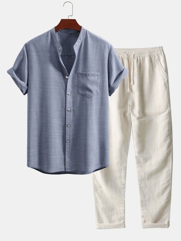 Short Sleeve Stand Collar Shirt & Straight Leg Linen Pants - Image 3