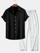 Linen Rayon Blend Button Up Shirt & Wrinkle Textured Straight Leg Pants