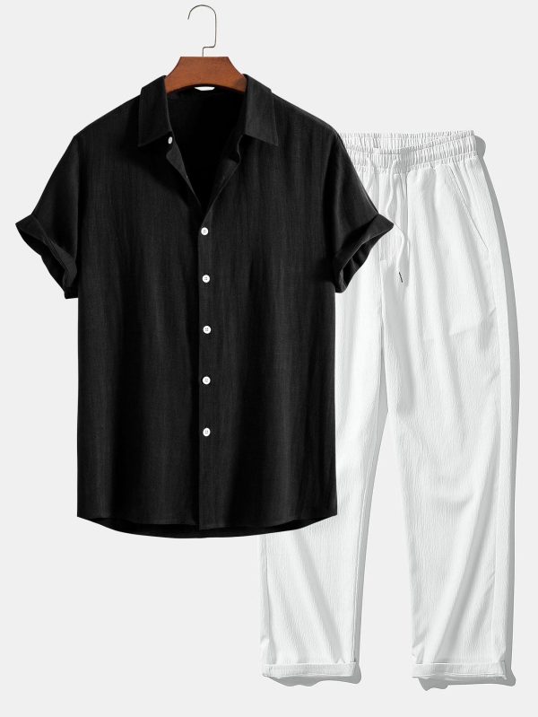 Linen Rayon Blend Button Up Shirt & Wrinkle Textured Straight Leg Pants - Image 7