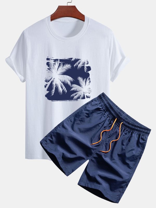 Regular Fit Palm Trees Silhouette Print Cotton T-Shirt & Swim Shorts - Image 3