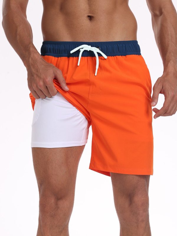 2 In 1 Solid Color Drawstring Swim Shorts With Pocket - Image 6