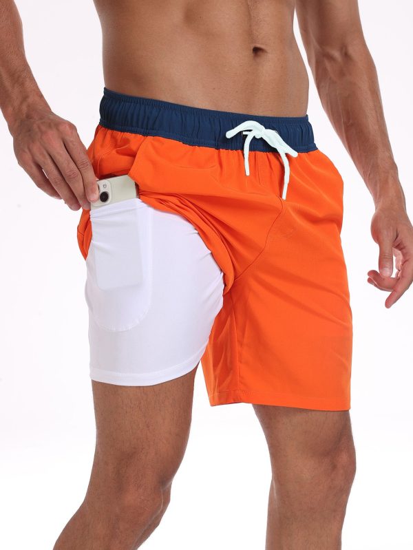 2 In 1 Solid Color Drawstring Swim Shorts With Pocket - Image 7