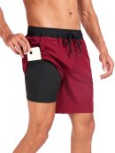 2 In 1 Solid Color Drawstring Swim Shorts With Pocket