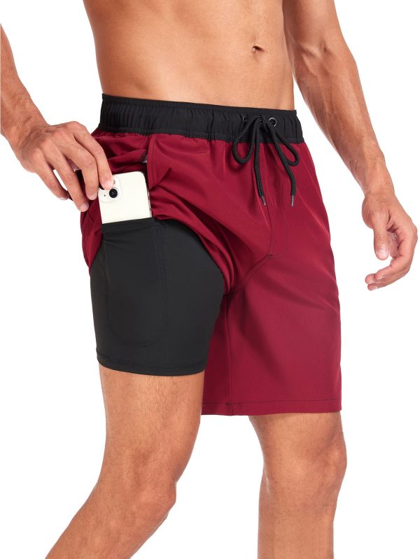 2 In 1 Solid Color Drawstring Swim Shorts With Pocket - Image 12