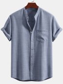 Short Sleeve Stand Collar Shirt & Straight Leg Linen Pants