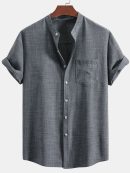 Short Sleeve Stand Collar Shirt & Straight Leg Linen Pants